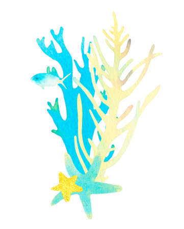 Coral reef watercolor illustration composition. Hand drawn underwater sea life decorative design. Beautiful bright coral, fish, starfish, seaweed, marine life on white backgroundの写真素材