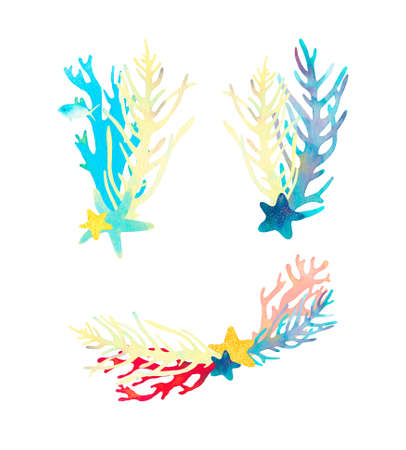 Hand drawn coral reef decorative coral set. Beautiful watercolor bright red, blue, pink corals, yellow, blue and turquoise sea stars, blue, yellow aglae, underwater sea life on white backgroundの写真素材
