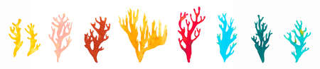 Hand drawn coral reef decorative set. Beautiful watercolor bright red, yellow, blue, green, pink, turquoise and brown corals, underwater sea life on white backgroundの写真素材