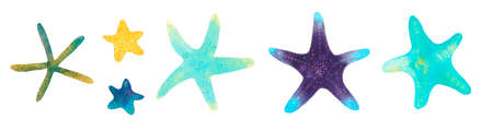 Coral reef watercolor illustration elements. Hand drawn underwater sea life decorative set. Beautiful bright starfish, marine life on white backgroundの写真素材