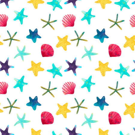 Coral reef watercolor illustration seamless pattern. Hand drawn underwater sea life seamless pattern. Beautiful bright starfish, seashells, marine life on white backgroundの写真素材