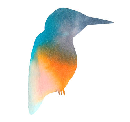 Hand drawn blue and orange watercolor spot in the form of kingfisherの写真素材