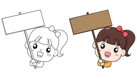 Hand draw childrens coloring illustration girl and wood labelのイラスト素材