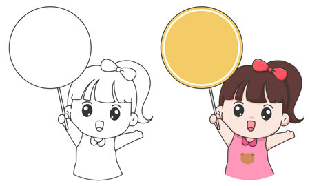 Hand draw children coloring illustration girl and circle labelのイラスト素材