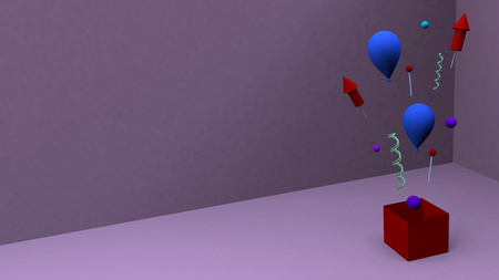 Happy birthday celebrating background purple with colorful blue balloons red boxの写真素材