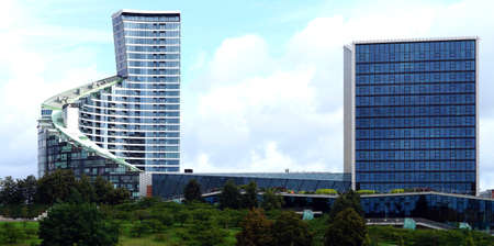 2 two modern buildings panorama glass Lithuania Konstitucijos prospectus street 15 20a Vilnius summerの写真素材