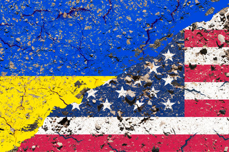 Conflict USA vs Ukraine war Confrontation flags split in front ofの写真素材