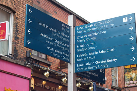 Bilingual signboard in Ireland which helps direct tourists to popular destinations.