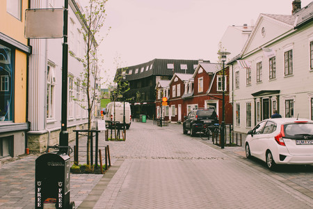 photo displaying the quirky, unique buildings and style that Reykjavik has. Many tourists are captivated by this unique style.のeditorial素材