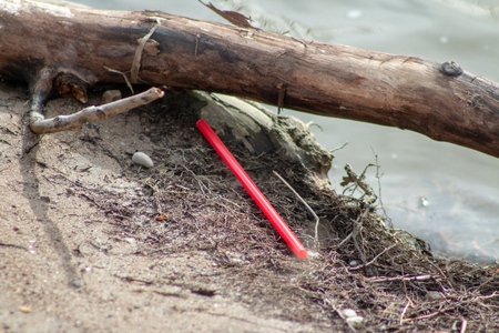 Pollution of plastic straws and fork left on beach background with beautiful seashells and drift wood. Plastic pollution is harmful to marine lives. Environmental concept. Ban single use plastic..の写真素材