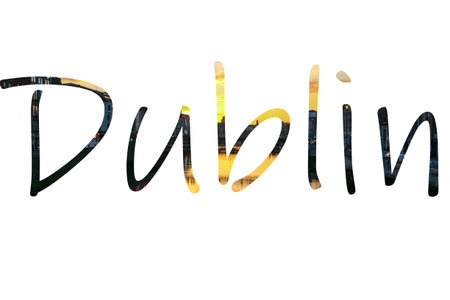 The word Dublin filled in by the Dublin skyline at sunset. Great for designs or other Ireland usage.
