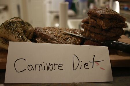 Carnivore diet concept. Raw ingredients for zero carb diet - meat, poultry, fish, seafood, eggs, beef bones for bone broth and copy space in center on gray stone background. Top view or flat lay..の写真素材