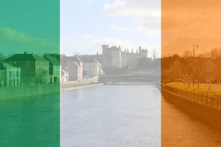 Irish flag composite over the historic city of Kilkenny Ireland .の写真素材