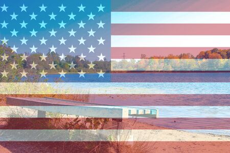 autumn scene with a USA flag composite. Theme of american beautyの写真素材