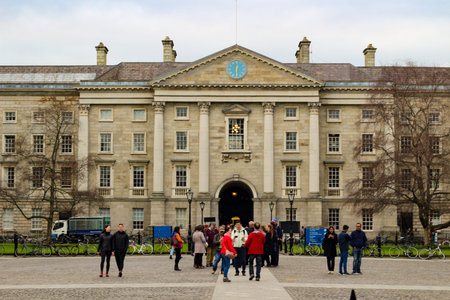 Dublin Ireland, February 18th 2018: Editorial photo of students gathering around trinity university...
