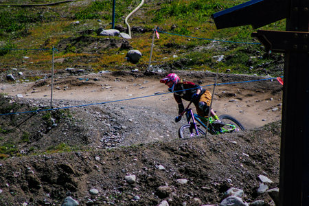 Whistler Canada, June 16 2018: editorial photo of a person riding their mountain bike on whistler mountain. The summer attracts many mountain bikersのeditorial素材