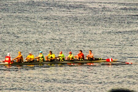 June 18 2018, Vancouver Canada: Editorial photo of a row boat on the water off of stanley park walk way. Rowing is popular in Vancouver.のeditorial素材