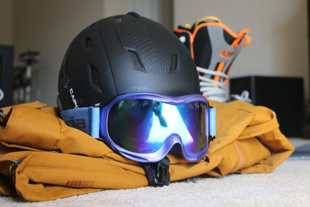 London Canada, February 14 2020: Editorial illustrative photo of snowboarding gear laying on ground....