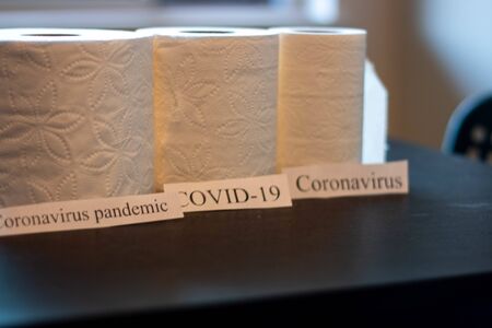 Coronavirus next to rolls of toilet paper. Theme of stocking up on suppliesの写真素材