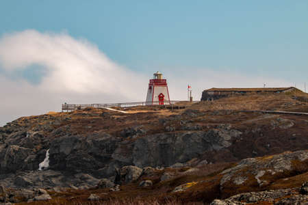 Fox Point Lighthouse at sunset in St. Anthony, Newfoundlandの写真素材