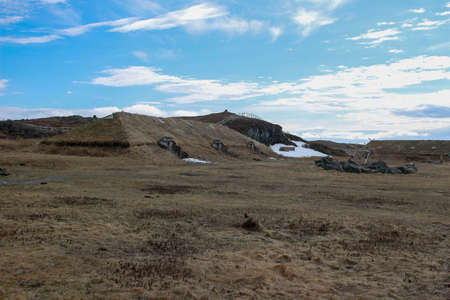 Sod church by Atlantic Ocean in Newfoundlandの写真素材
