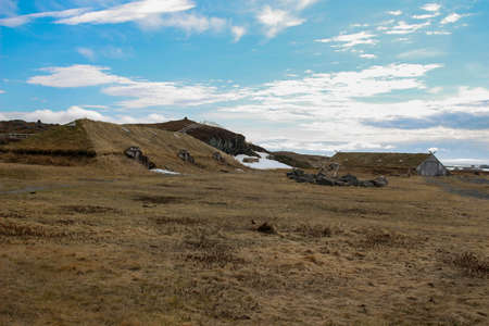 Sod church by Atlantic Ocean in Newfoundlandの写真素材