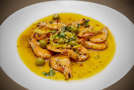 Shrimps with garlic and olive oilの写真素材