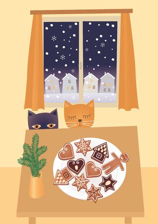 Vector illustration of two cats looking at christmas gingerbreads.のイラスト素材