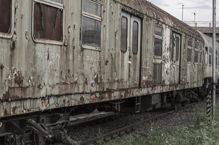SIBIU, ROMANIA - JULY 30, 2018: old abandoned train waggons at Sibiu railway station