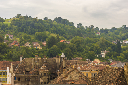 SIGHISOARA, ROMANIA - AUGUST 1, 2018: general view of Sighisoara Town and surrounding landscapeのeditorial素材