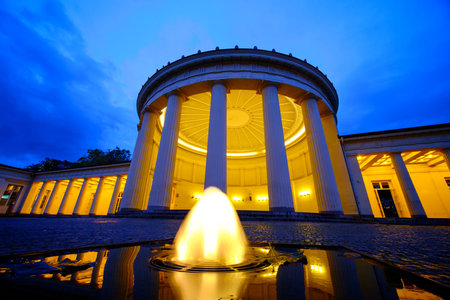 Nightshot of Elisenbrunnen fountain in the heart of spa city Aachen, Germany