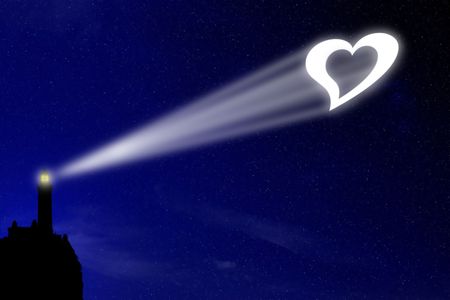 The love lighthouse projects a heart signal in the night deep blue sky, a sign for all lovers to celebrate their feelingの写真素材