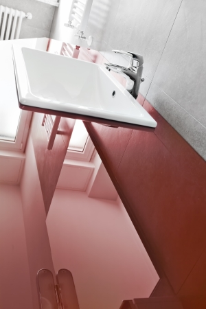 Bathroom red lavabo board with translucent surfaceの写真素材