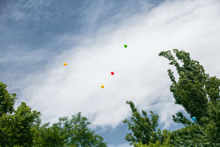 colorful balloons fly into the skyの写真素材