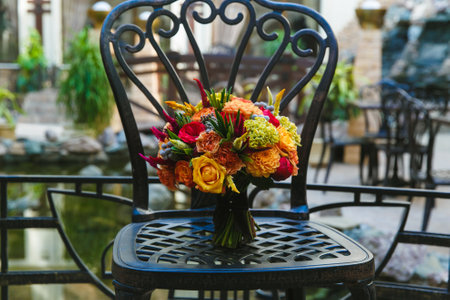 bouquet of orange roses and alstromeria on a black metal forged chairの写真素材
