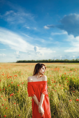 a girl in a red dress above the knee stands in a poppy field during the day against the skyの写真素材