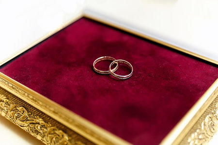 two gold wedding rings against a red velvet background of a ring box with gold trim