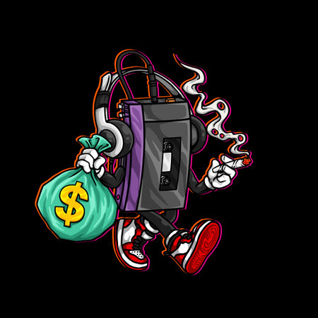 walkman music retro hold money bag and smoking joint weed cannabis bud flower marijuana and walk...