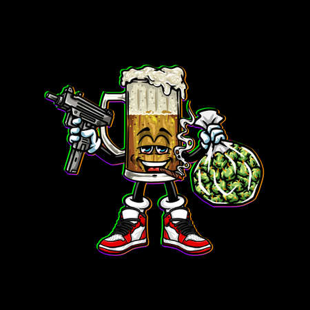 beer glass vector hold gun, weed nug bag and smoking blunt cannabis bud flower marijuana and happy faceのイラスト素材