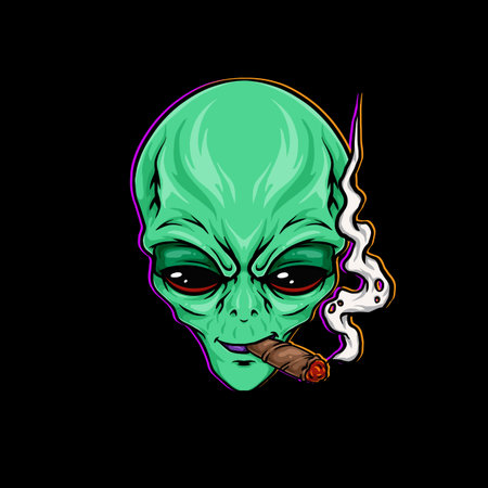 alien head character cartoon mascot smoking blunt and holding weed flower bud nug cannabis
