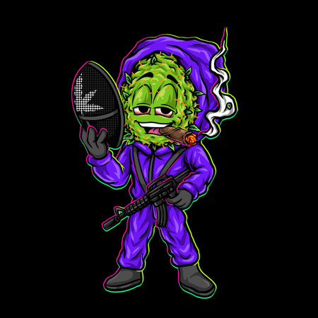 army bud smoking blunt from weed flower cannabis nug bud character cartoon holding rifleのイラスト素材