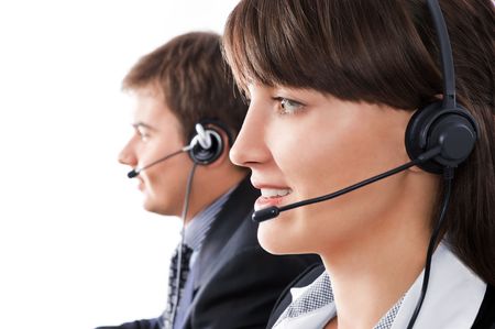 Friendly customer service team over a white backgroundの写真素材