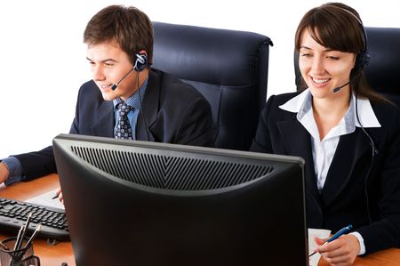 Friendly customer support team over a white backgroundの写真素材