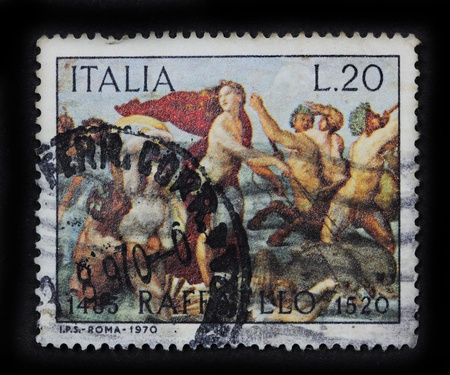 ITALY - CIRCA 1970   stamp printed in the Italy shows The Triumph of Galatea, Raphael, Villa Farnesina in Rome, circa 1970 の写真素材