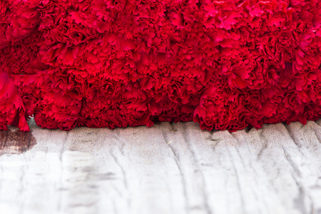 Abstract background of red flowers. Close-up on old wood backgroundの写真素材