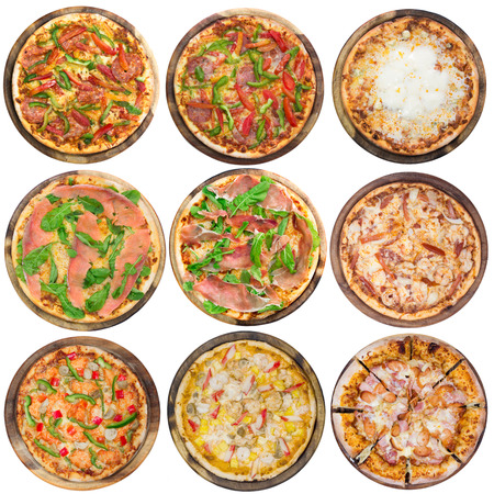 Nine different pizzas in one set, isolated on white, top viewの写真素材