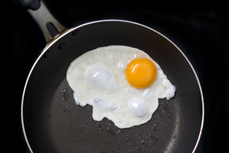 Fried egg in frying pay, top view on black backgroundの写真素材