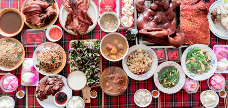 Chinese new year's food on Table, Top viewの写真素材