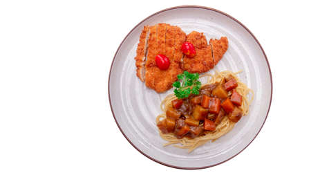 Fried chicken with salad and fench fire top view of white background, clipping pathsの写真素材