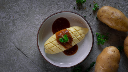Baked potato with sweet and sour sauce on a white plate.